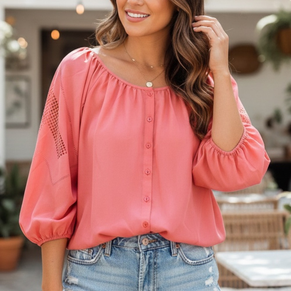 NWT Love Stitch Coral Boho Lattice Balloon Sleeve Blouse with Button Detail Med
